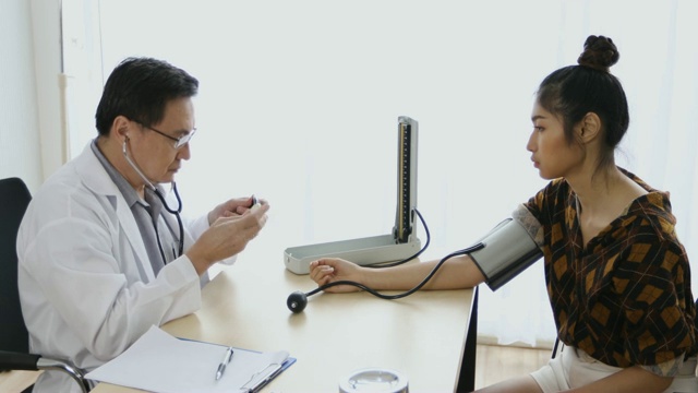 医生在医院的办公室里用血压计给女病人检查视频素材