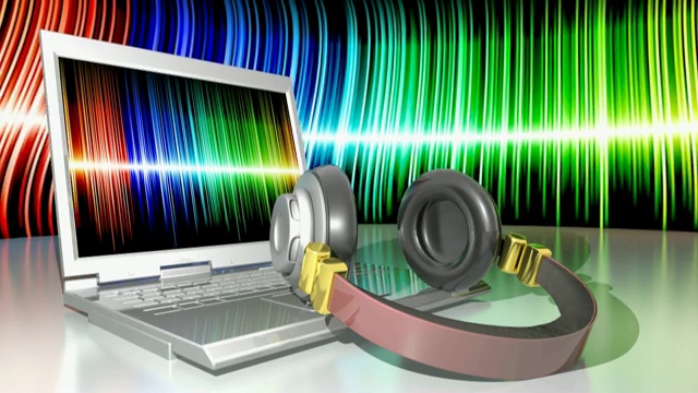 笔记本电脑上的耳机和丰富多彩的音乐无处不在- 3D渲染视频视频下载