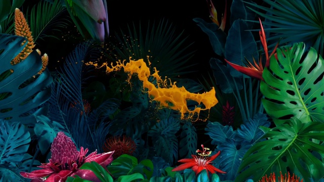 超现实的丛林与橙色油漆飞溅视频素材