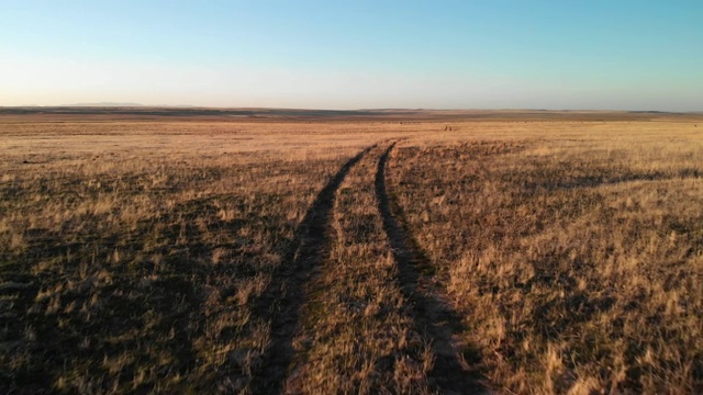 上升卡车向前无人机拍摄一对轮胎履带在一个沙漠平原在犹他州晴朗，蓝天下在日落/日出视频下载