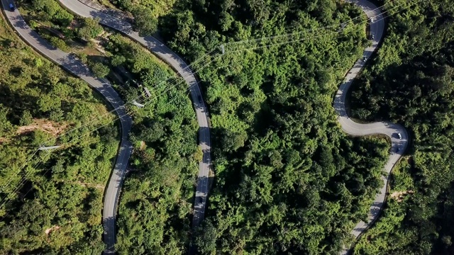 鸟瞰图蜿蜒的道路在森林和汽车驾驶，安全驾驶的概念视频素材