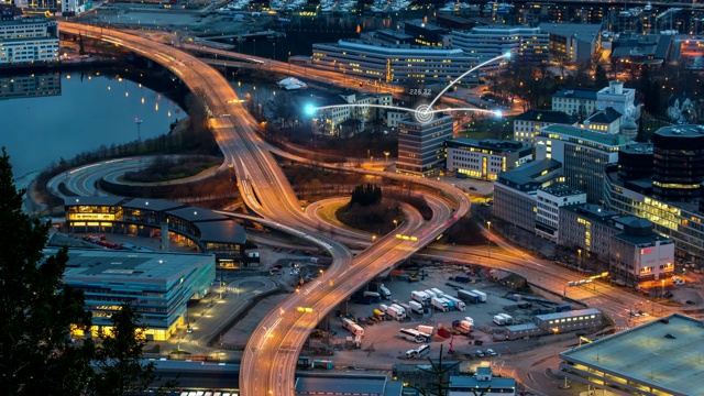 4K数字网络连接在卑尔根城市景观与高速公路上的日落时间，时间流逝剪辑，技术和未来的概念视频素材