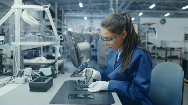 身穿蓝白工作服的年轻男女正在用钳子组装智能手机用的印刷电路板。电子工厂工人在高科技工厂设施。镜头与时间流逝帧。视频素材