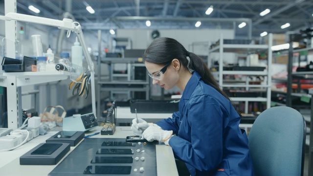 一名身穿蓝白工作服的男子和一名年轻女子正在用镊子组装智能手机用的印刷电路板。电子工厂工人在高科技工厂设施。镜头与时间流逝帧。视频素材
