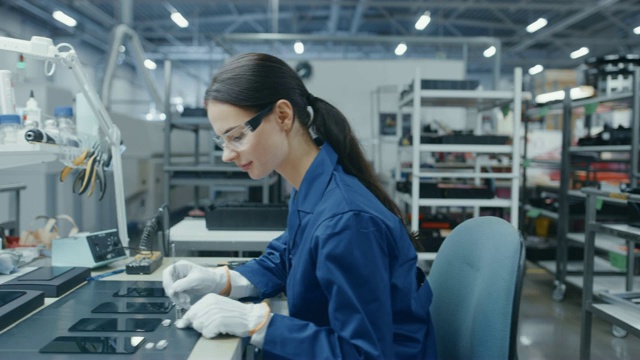 年轻和资深的电子工厂工人穿着蓝色和白色的工作外套，用钳子和镊子组装智能手机的印刷电路板。高科技工厂设施。视频素材