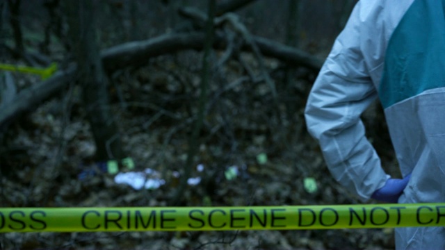 身着防护服的法医专家在森林犯罪现场，谋杀现场工作视频素材