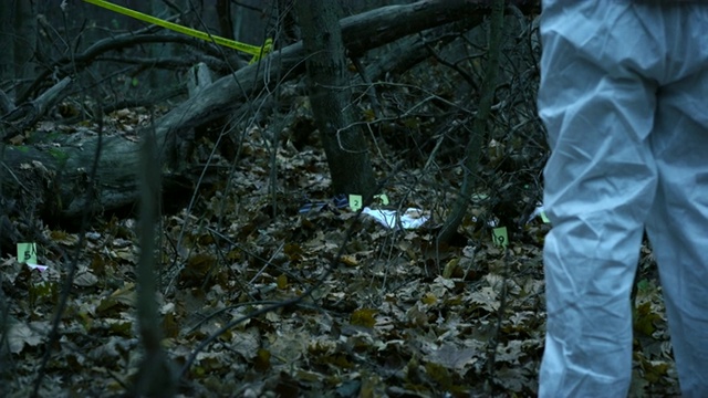 森林里的犯罪现场，地上散落着受害者的衣服，证据收集视频素材