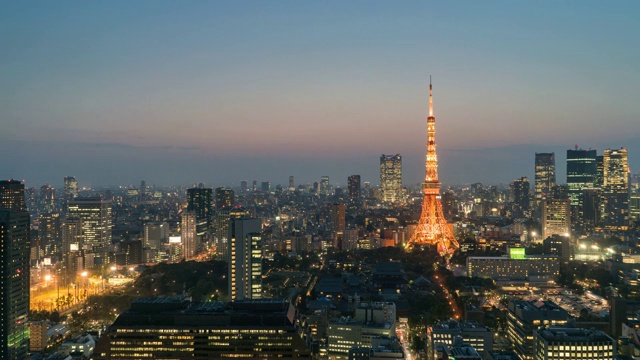 鸟瞰图东京塔和东京天际线在日落，日本视频素材