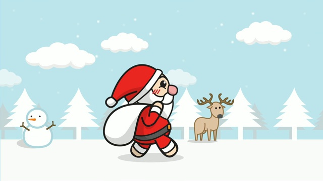 圣诞老人动画无缝循环。卡通圣诞老人带着礼品袋走在雪林里，以冬天的风景、雪花、雪人为背景。圣诞快乐镜头背景视频下载