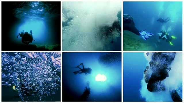 水肺潜水多屏幕视频蒙太奇视频素材
