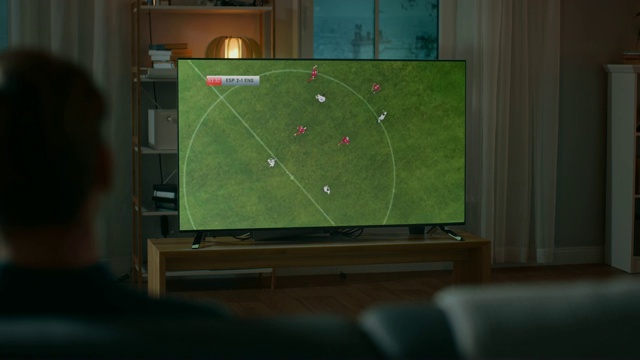 男人晚上坐在家里的沙发上看职业足球比赛。足球迷看体育比赛很开心。过肩射。视频下载