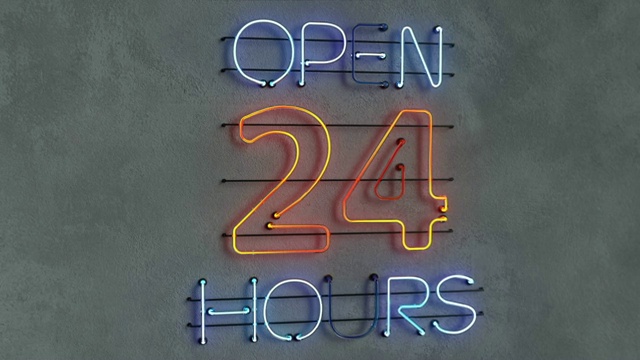 霓虹灯招牌开放24小时3D渲染动画视频下载