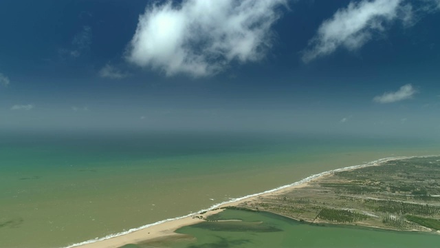在斯里兰卡印度洋附近的风筝泻湖，不断上升的无人机拍摄到了令人惊叹的蓝色海水和清澈的蓝天视频素材