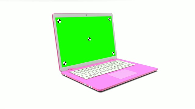 现代的粉色笔记本电脑，白色背景上出现空白的绿色屏幕。有一个alpha通道。视频下载