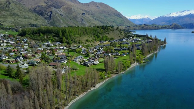 4 k。鸟瞰瓦纳卡湖与瓦纳卡树在春天。新西兰南岛最受欢迎的旅游目的地之一。视频素材