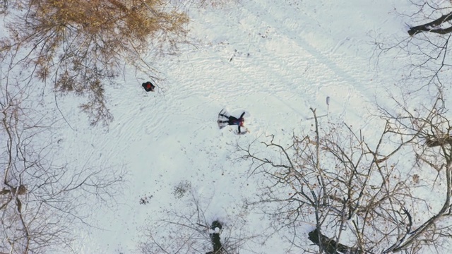 年轻快乐的女子躺在雪地上，做雪天使，鸟瞰着旋转视频下载