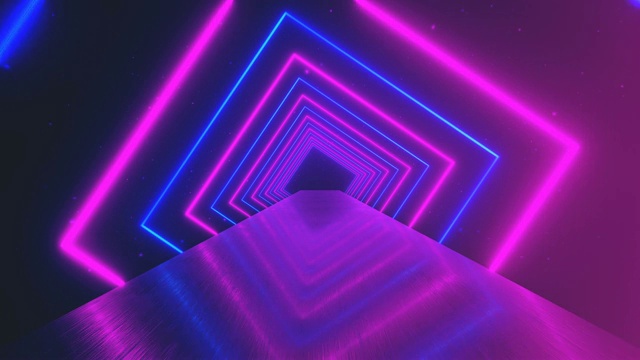 飞行通过发光的旋转霓虹灯方块创建一个隧道，蓝色红粉色紫罗兰光谱，荧光紫外线，现代彩色照明，4k循环动画视频下载