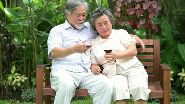 老两口坐在家里的花园里一起喝红酒。视频素材