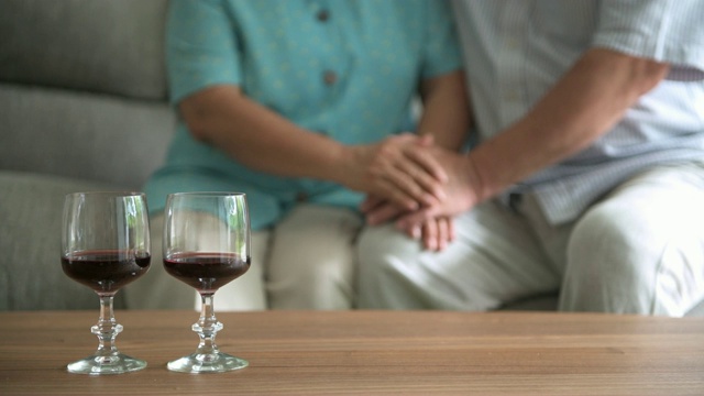 老夫妇坐在客厅的桌子上，拿着红酒杯聊天。视频素材