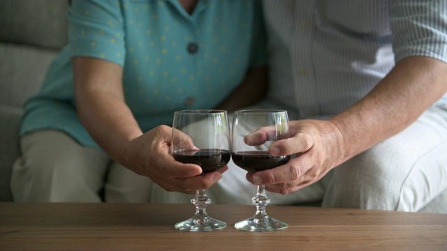 老夫妇坐在客厅的桌子上，拿着红酒杯聊天。视频素材