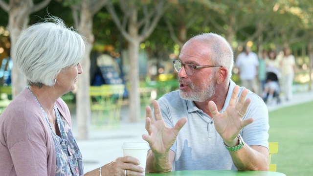 快乐的老人和他的妻子在城市公园里谈话视频素材