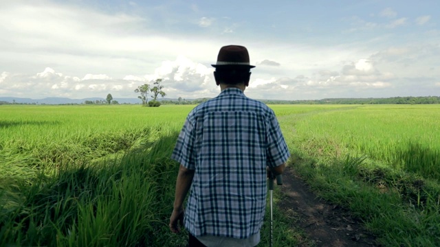 亚洲资深男性拄着拐杖行走在大自然中，理念健康，动作缓慢视频素材