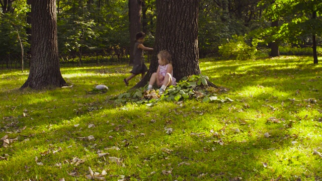 三个女孩在公园里的草地上玩耍视频素材