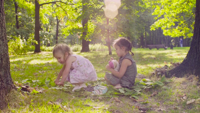 两个女孩在公园里的树旁的草地上玩耍视频素材