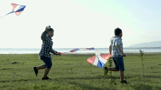快乐的两个小男孩带着风筝在草地上奔跑，在夏日阳光明媚的大自然中。慢动作视频素材