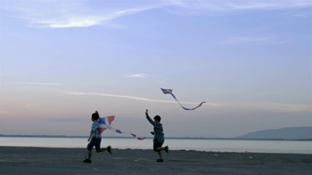 快乐的两个孩子男孩带着风筝在马路上奔跑，在夏日阳光明媚的大自然中。慢动作视频素材
