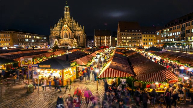纽伦堡圣诞集市。晚上时间流逝。放大效应视频素材
