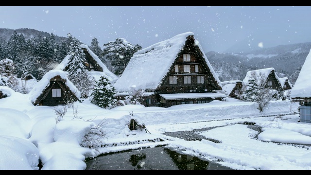 白川吾村冬季降雪，联合国教科文组织世界遗产，日本。视频素材