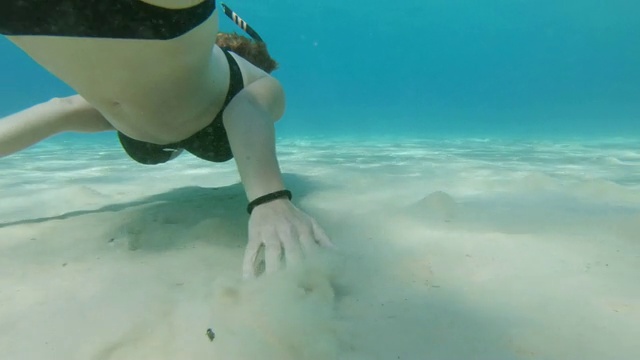 女士浮潜在蓝绿色的海洋水下视频素材