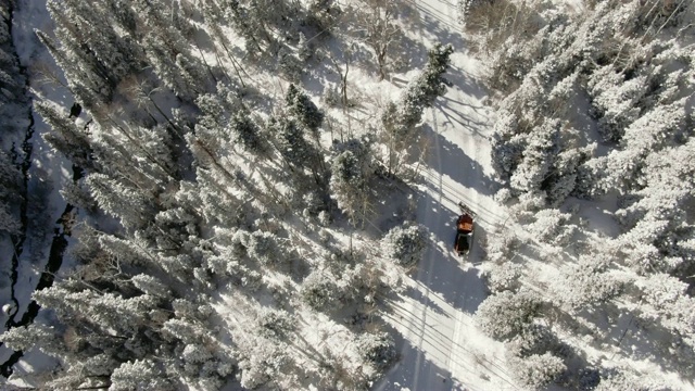头顶上的无人机直接拍摄的一个橙色拖拉机犁深雪在一个明亮，晴朗的天空下的森林在山区冬天视频下载