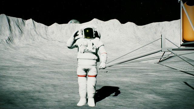 宇航员在月球着陆器附近的环形山中敬礼。3 d背景动画视频下载