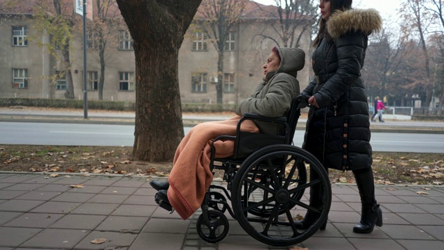 一个坐在轮椅上的老妇人和一个大女儿在户外聊天视频素材
