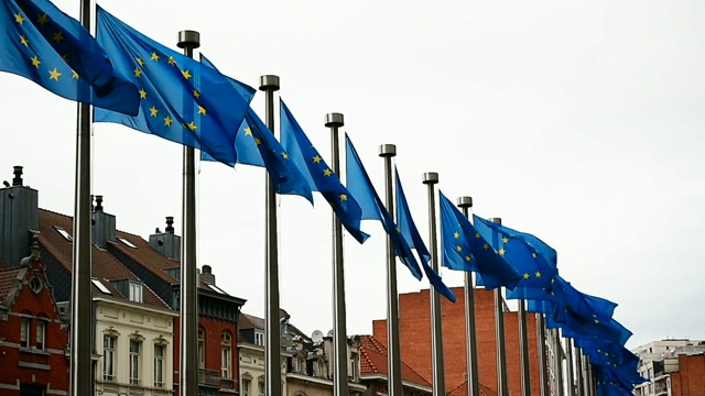 欧洲理事会大楼外飘扬的欧盟旗帜视频素材