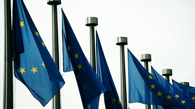 欧洲理事会大楼外飘扬的欧盟旗帜视频素材