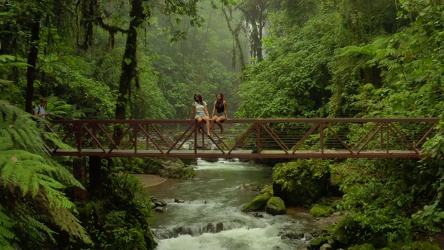 航拍:美丽的年轻女子坐在丛林中的桥栏杆上视频素材