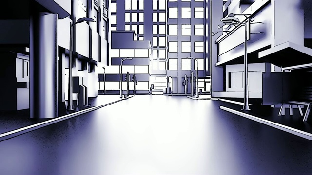 一个摄像机在城市建筑中移动的抽象动画。卡通风格。循环。视频下载