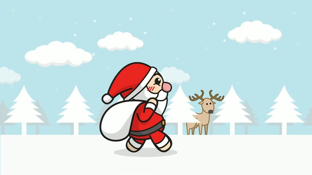 圣诞老人动画无缝循环。卡通圣诞老人带着礼品袋走在雪林里，以冬天的景色，雪花飘落，驯鹿为背景。圣诞快乐镜头背景视频下载