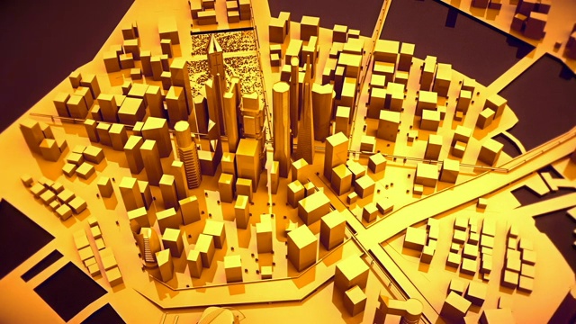 镜头穿过抽象的金色摩天大楼。视频下载