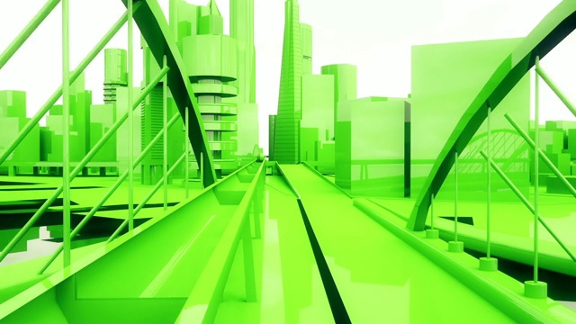 一个摄像机在城市绿色建筑之间移动的抽象动画视频下载