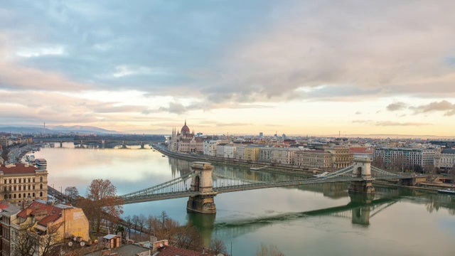 匈牙利布达佩斯，城市景观和多瑙河上空的云朵视频下载