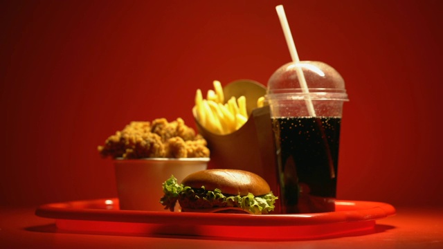 红色背景下的快餐，美味但不健康的菜单视频下载