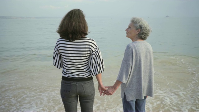 两个快乐的成熟女士手牵手在沙滩上散步的背影。视频下载