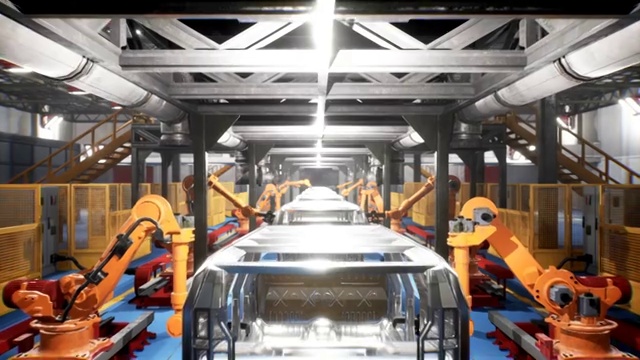 输送机的车架焊接线与未完工的车架和机器人焊接视频素材