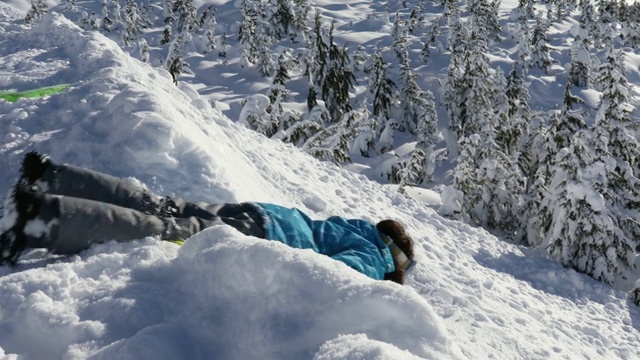 一家人坐着雪橇从陡峭的雪坡上滑下来，朝树林走去视频下载