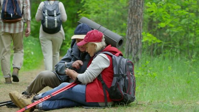 老年徒步旅行者在森林中使用指南针视频下载