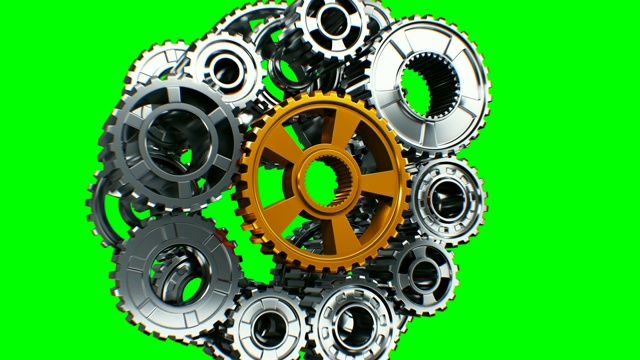 金属齿轮机构闲置，直到新的齿轮出现和修复系统工作正常。3d动画绿屏阿尔法。团队合作的商业和技术理念。视频素材